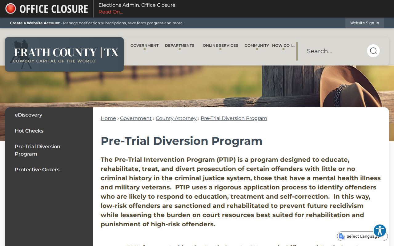 Erath County criminal court case records and the local pre-trial diversion program
